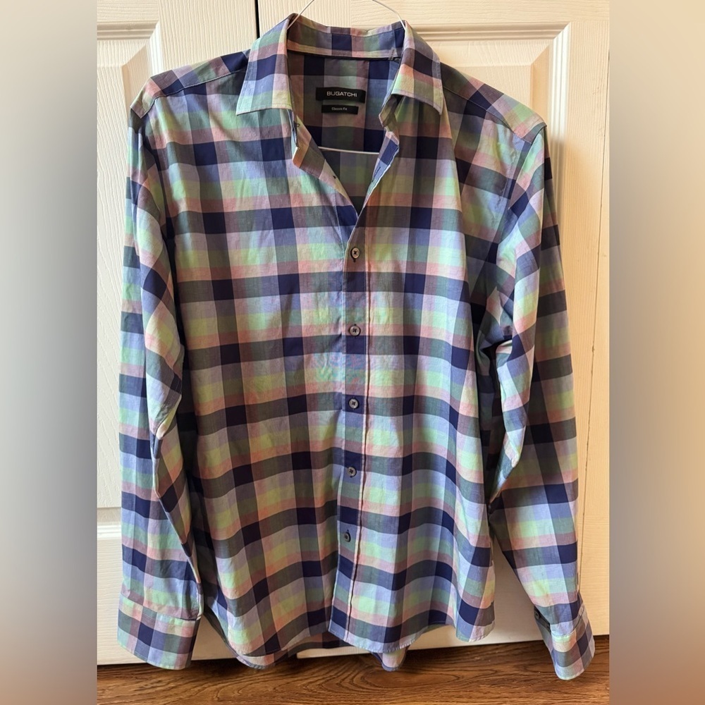 BUGATCHI Classic Fit Plaid Button Down Long Sleeve Shirt (M)